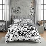 Pamnest Comforter Set Queen Size, Rap Music Boy 7 Pcs Bedding for Kids and Adults, Hip Hop Graffiti Black White Bed Sheet Sets with Fitted Sheet 2 Pillowcase & 2 Sham for Bedroom Bed Decor