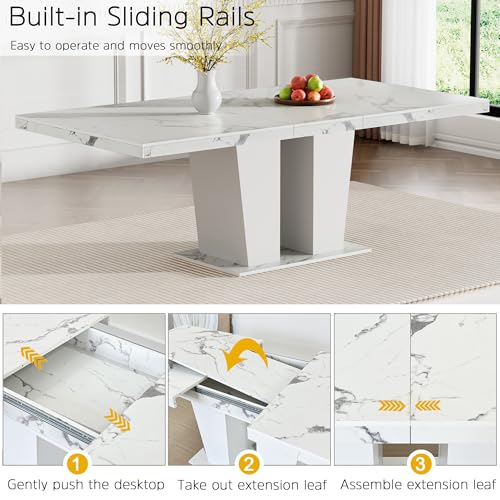 Image of 9 Piece Extendable Dining Table Set for 8, Expandable Kitchen Table Chairs Set for 8, 78.74 inch White Faux Marble Table with Black Velvet Chairs, Modern Dining Room Table Set for Family Gathering