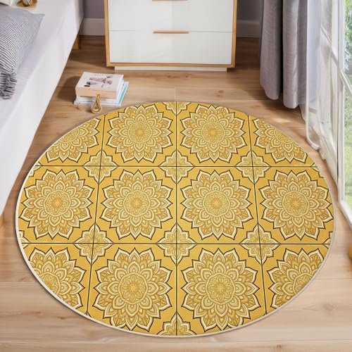 Tapis poils courts mandala jaune doré 200cm antidérapant