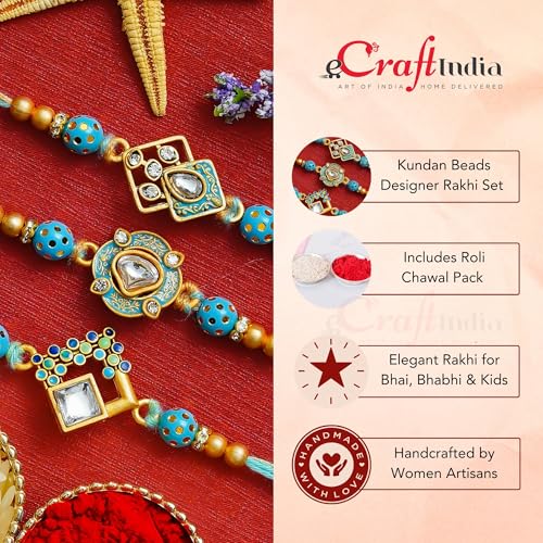 Image of eCraftIndia Set of 3 Kundan Beads Designer Rakhis | Best Bro Ever Fridge Magnet | Roli Chawal Pack | Rakhi for Brother Bhaiya Bhai Bhabhi Kids