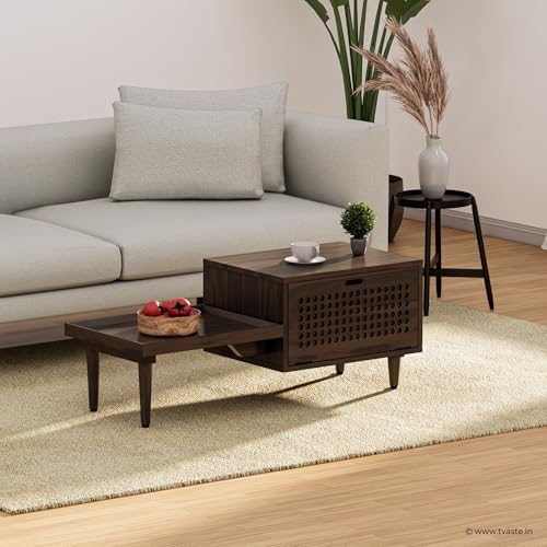 Image of KOVA Solid Sheesham Wood Coffee Table & Centre Table for Living Room with Lift-Down Shutter Storage and Open Side Tray (Dotted, Walnut Finish)