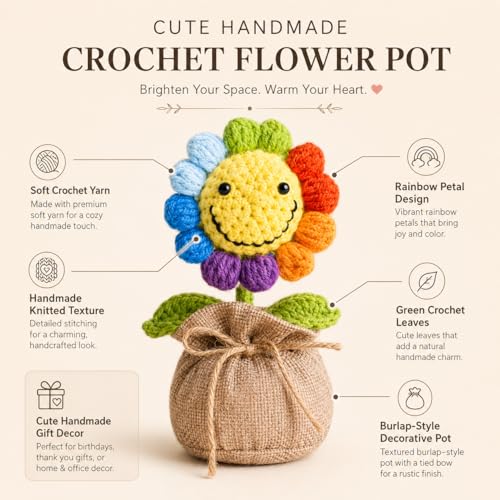 Image of Handmade Crochet Rainbow Smiley Flower in Jute Bag 16 cm, Mini Artificial Crochet Flower Pot, Cute Desk Decor for Home, Office Table, Shelf, Birthday, Friendship & Thank You Gift