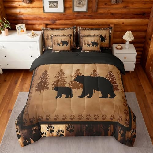 Feelyou Bear Comforter Set Queen Size 7 Pcs Cabin Lodge Bed in a Bag Rustic Wild Animals Bedding Farmhouse Hunting Bed Set with Sheets Pillowcases Pillow Covers