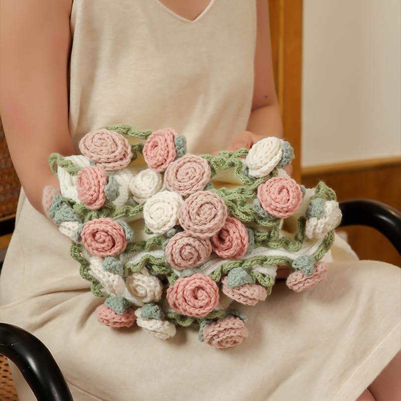 Crochet Flower Bouquet Throw Blanket, Handmade Knitted Blanket with Rose Flowers, Cute Romantic Gift for Her Girlfriend Mom Mother’s Day Valentine Wedding Anniversary Birthday, Pink and White - Image 7