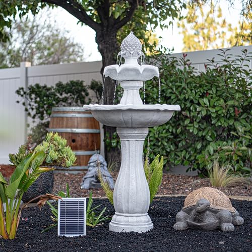 XBrand 44\" Tall White Fiberglass/Resin 2-Tiered Solar Water Fountain w/Solar Panel and Auto-Shut Off Pump for Home Garden Yard Decor
