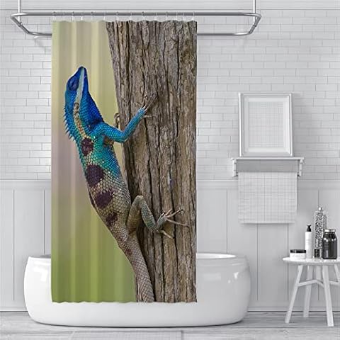 Shower Curtain 90x150cm Extra Long Shower Curtains Mould Proof Resistant Waterproof Washable Bathroom Curtains, Weighted Bath Curtains with Hooks, 3D Garden Outdoor Shower Curtain Green Chameleon Cover