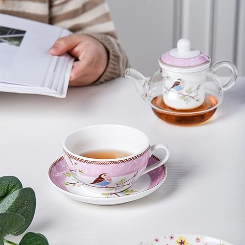 Miniatura 6 de ACUSKI Tetera de vidrio con un colador de infusor de porcelana fina juego de taza y platillo con patrón de pájaro feliz tetera y taza de té para un