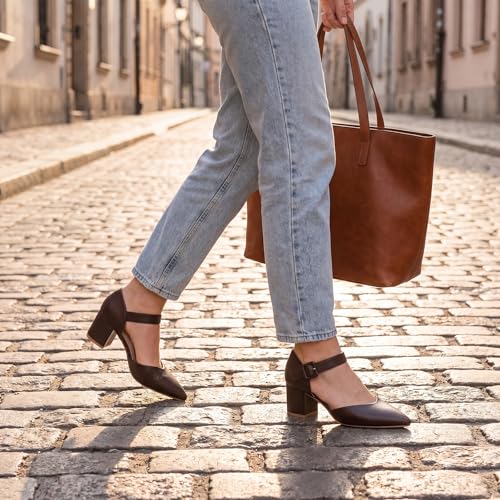 Image of RIBONGZ Comfortable Kitten Heels for Women Pointed Closed Toe Ankle Strap Buckle Heels Slip on Low Heel Church Pumps Wedding Bridal Party Dressy Shoes