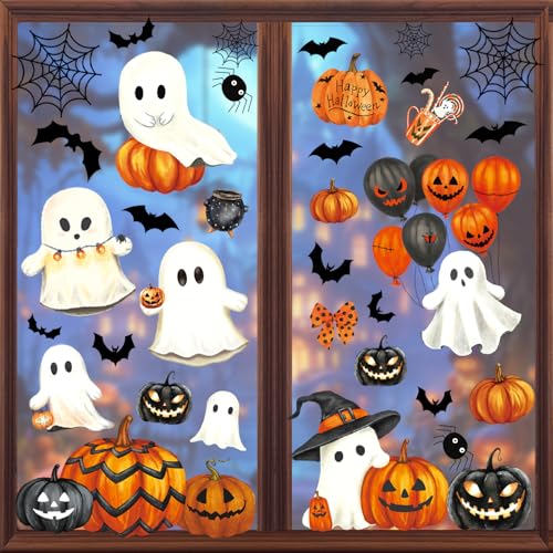 Image of Halloween Window Clings, Ghost Halloween Decorations Indoor Home Room Decor | 8 Sheets Large Window Stickers for Glass Windows & Doors Pumpkin Fall Window Clings Holiday Decals for Office Classroom Party