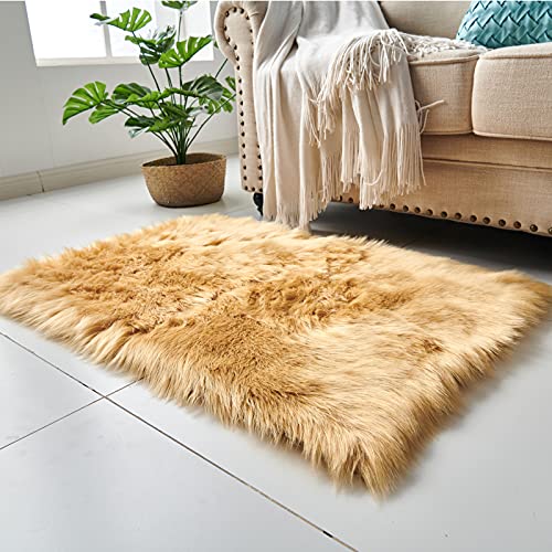Cumay Faux, Schafsfell-Teppich, 60x90cm cm, Wollimitat, geeignet für Wohnzimmer Teppich, lang, weich, flauschiges Fell, als Bettvorleger, Sofa-Teppich (Braun, 60 x 90 cm).