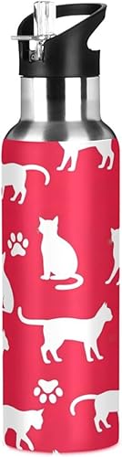 White Cat Paw Prints Red Insulated Stainless Steel Water Bottle with Straw 20 Oz Leakproof Water Bottles, BPA-Free Sport Water Bottle Insulated