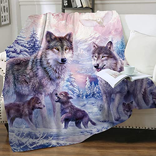 Kyku Pink Wolf Blankets And Throws - Fleece Wolves Blanket Snow Decorative Animal For Adults And Kids Family Love Design Pretty Art Gift Home Decorative Living Room Sofa Hug Plush Soft Beding Nap Cozy #TOP3