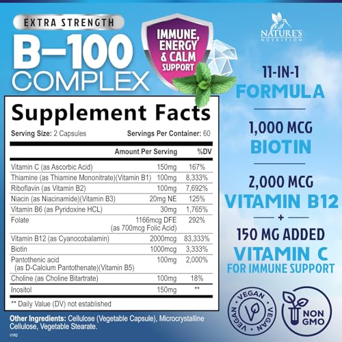 Nature'S Nutrition NNBCOMPLEXPLUS120 Vitamin B Complex Capsules With Vitamins B1 B2 B3 B6 B12 B100 C Biotin Folate & Folic Acid - Supplement thumb #1