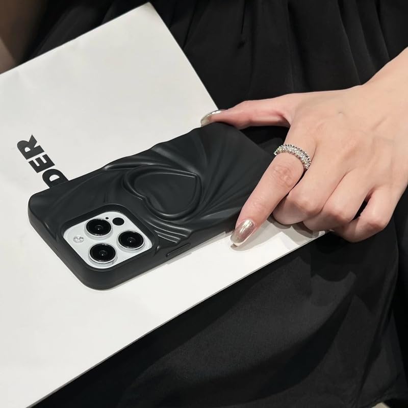 Image of COVERLY Heart Shape Design Back Case Cover for iPhone 15 Pro Max | Hot 3D Embossed Wrinkle Cute Silk Pattern | Love Trendy Matte TPU | Soft Silicone Fashion Aesthetic Cover for Girls & Women (Black)