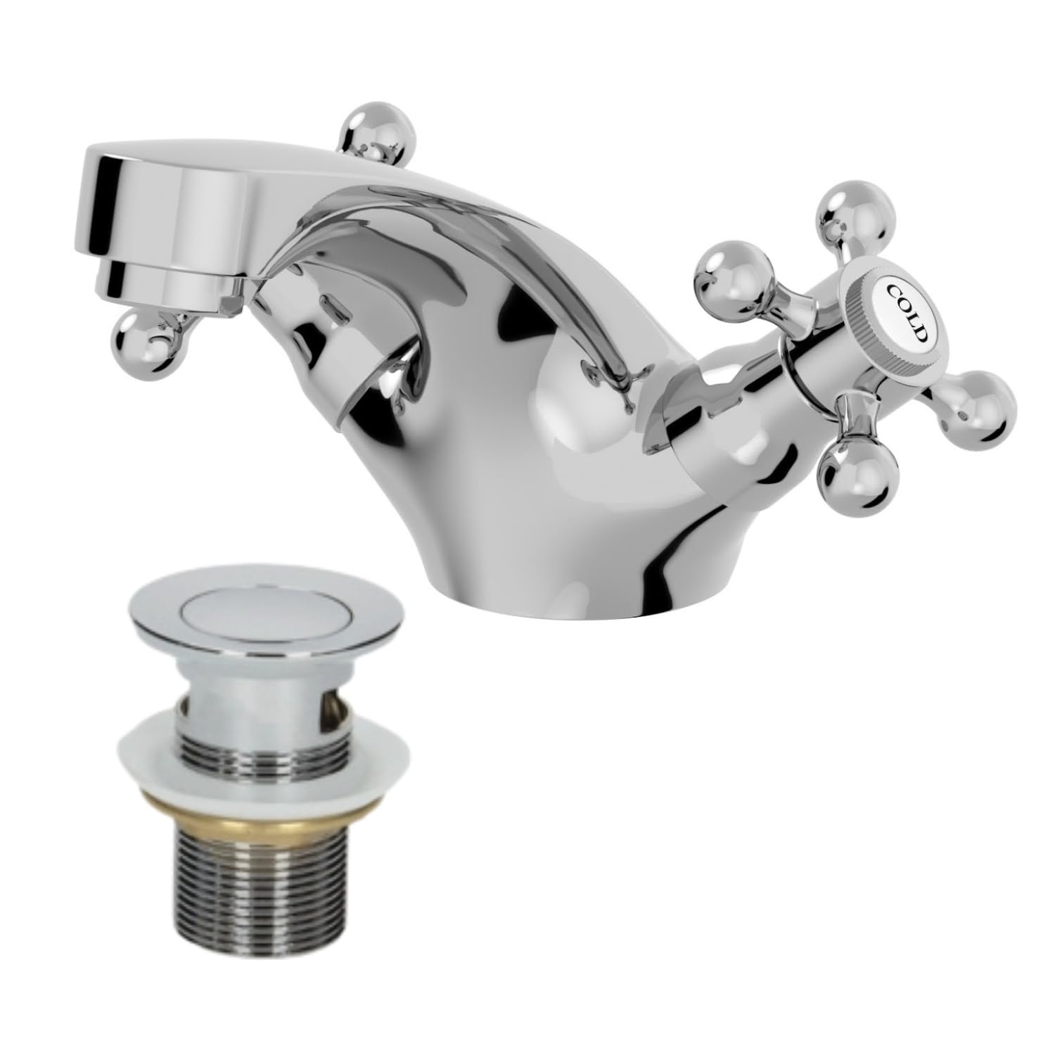 Park Lane Chrome Park Lane® Oxford Bathroom Cloakroom Basin Sink Mixer Tap And Waste Set Traditional Mono Round Twin Crosshead Handle Faucet For Sinks,