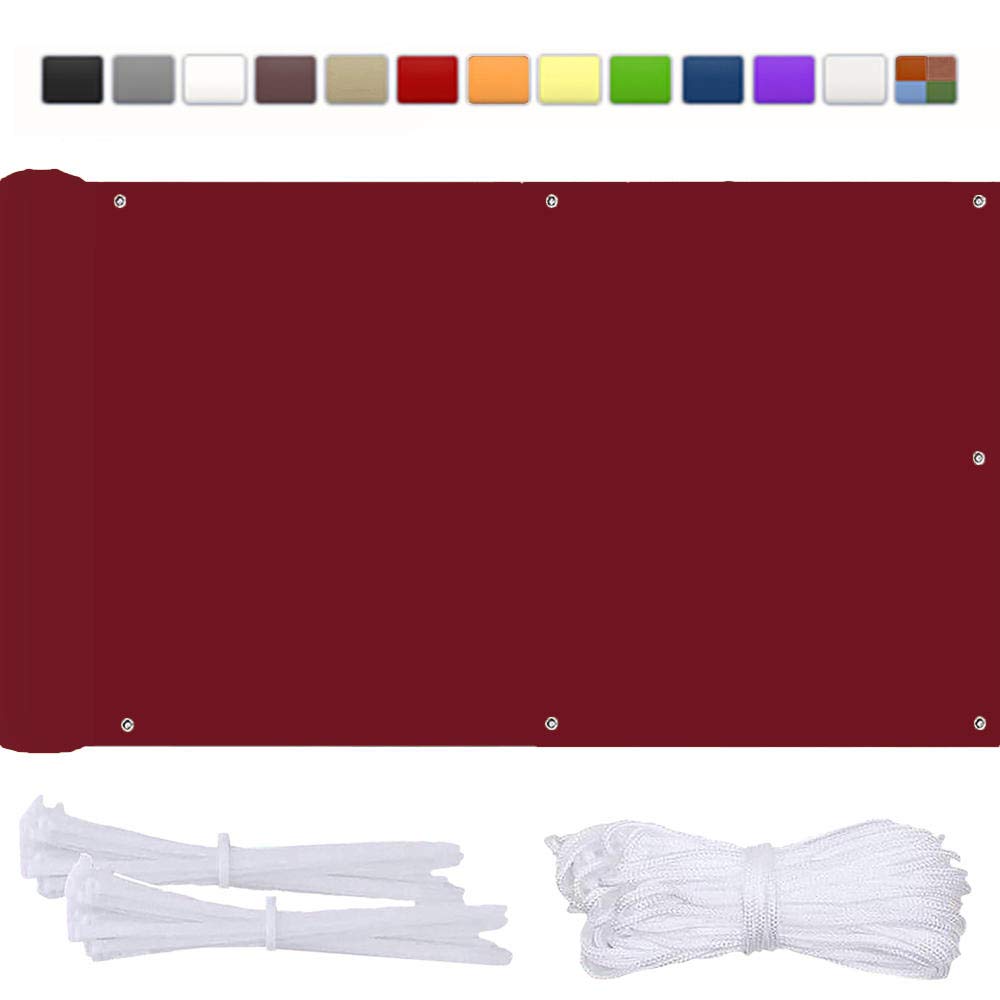 Odporny na warunki atmosferyczne zadaszenie balkonowe 145 x 400 cm – 100% ochrona prywatności 200 g/m², parawan ogrodzeniowy z linami i opaskami kablowymi, czerwona osłona ścienna