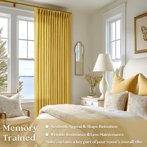 Image of Extra Long Mustard Yellow Linen Curtains 120 Inches Long Gold Yellow Funky Farmhouse Rustic Curtain Light Filtering Semi Sheer Back Tab Pinch Pleat Curtain for Tall Ceiling Living Room 2 Panels
