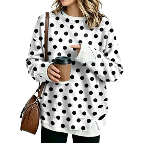 Waffle Knit Oversized Sweatshirt for Women Crew Neck Polka Dot Layered Tops - image 1