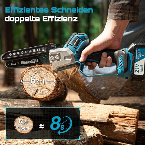 Seesii Mini-kettingzaag 8000 mAh, 6 inch borstelloze kettingzaag met 2 x 4000 mAh accu's, handkettingzaag met automatisch pompoliesysteem, geschikt voor outdoor en tuinwerk. - Afbeelding 5