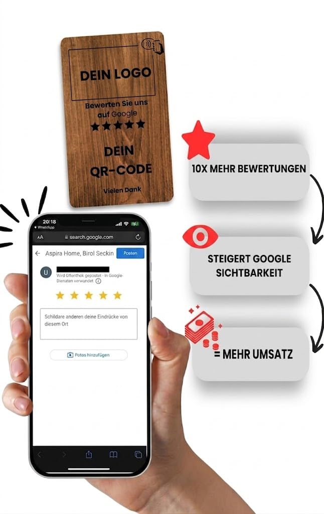 Aspira Home Google Bewertungskarte mit NFC, Rezensionskarte für Google Bewertungen, FERTIG VOREINGERICHTET für Ihr Google Bewertungsprofil, Holzoptik (personalisiert)