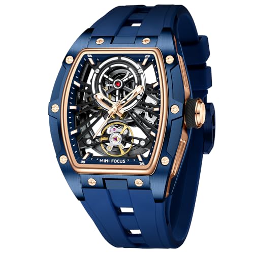 Image of MF MINI FOCUS Unique Men Watches,Automatic Mechanical Watch,Luxury Hollow Tonneau Watches for Men with Stainless Steel Case and Silicon Band (Self-Wind Movement /5ATM Waterproof /Super Luminous)