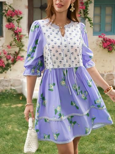 Image of Wenrine Womens Casual Floral Mini Dress Summer Patchwork Boho Shirt Dresses