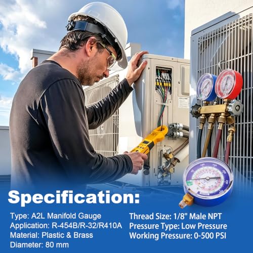 Image of A2L Manifold Gauge, R454B Blue Low Pressure Gauge, 1 /8 inch Male NPT (80 mm) Refrigerant Pressure Gauges for R-454B R-32 R410A HVAC System, 500 PSI (Blue)