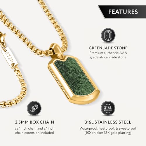 RTZN® Jade Necklace for Men – Premium Green Jade Pendant with Stainless Steel Box Chain 22" + 2" Extension – 18K Gold Plated Dog Tag, Square & Cross Pendant Necklaces – Luxurious Men's Jade Jewelry3