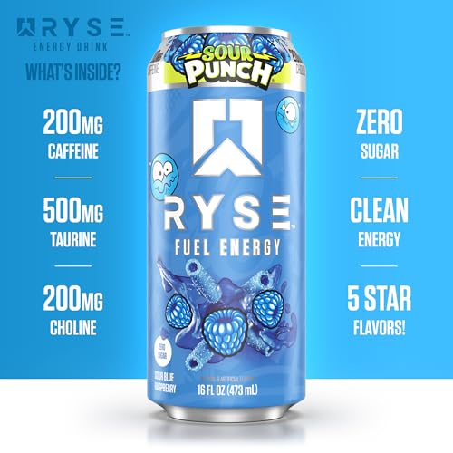 Image of RYSE Fuel Energy Drink - Sour Punch Blue Raspberry - Sugar Free, Gluten Free & Vegan - 200mg Natural Caffeine, Taurine & Choline for Focus & Energy - No Artificial Colors - 16 fl oz Cans (12-Pack)