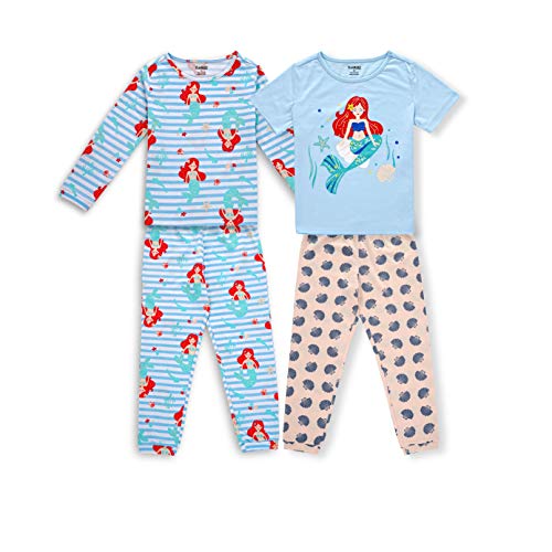 V.&GRIN Boys Girls Cotton Pajama Set, 4 Piece Snug Fit Toddler Pjs Soft Comfy Sleepwear for Kids Size 2-8 Years(Mermaid 5T)