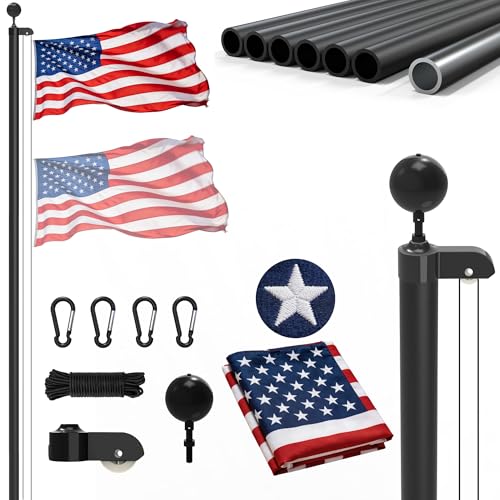 TONYINGO 25FT Aluminum Flag Pole Kit for Outside House Black Ball Topper 3x5 Embroidered American Flag Tangle-Free Flagpoles for Yard Garden Residential & Commercial Use