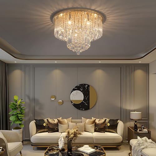 Litaddscen Gold K9 Crystal Chandelier Flush Mount Ceiling Light,Modern Round Raindrop Crystal Chandeliers Light Fixtures for Foyer Bedroom Living Dining Room Entryway,6-Light D22 x H13 by Litaddscen - Used condition - Image 7