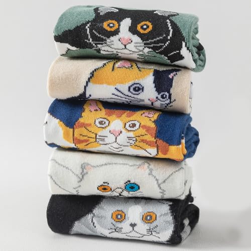 Image of 5 Pairs Cute Animal Crew Socks Fun Casual Cotton Calf Socks for Women (US, Alpha, One Size, Regular, Regular, Cartoon Cat)