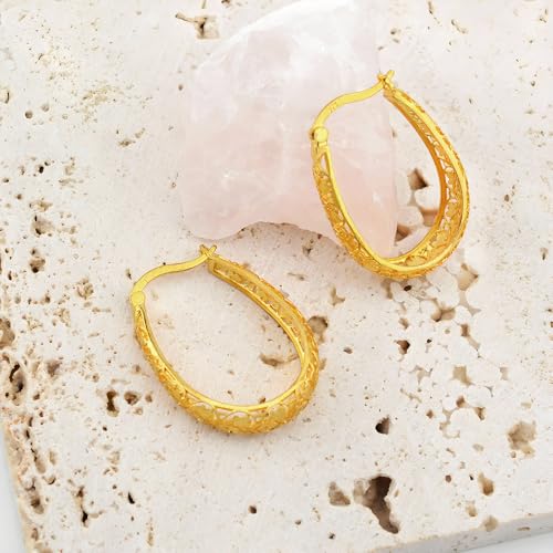 Dwen W 14K Gold-plated oval filigree hoop earrings retro-style hypoallergenic gift4