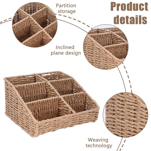 Image of Makeup Organizer, Hand-woven Wicker Basket for Dresser Vanity and Bathroom Countertop, 6 Compartment Skincare Organizer Cosmetic Display Case, Beauty Holder for Lipstick Brush Eyeshadow Palette