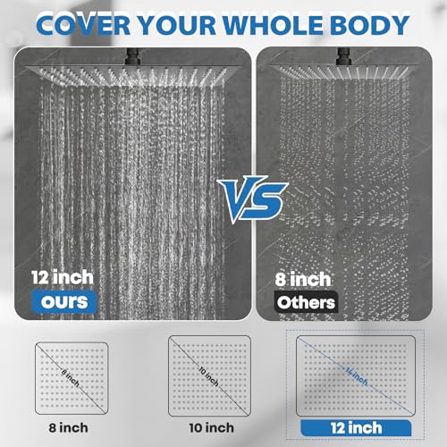 Image of Shower Head,12 inch High Pressure Shower Combo,Rainfall Shower System with Handheld Spray,All Metal 3-Way Diverter & 6ft Hose,Anti-Clog Nozzles,Easy to Install in Bathrooms-Black