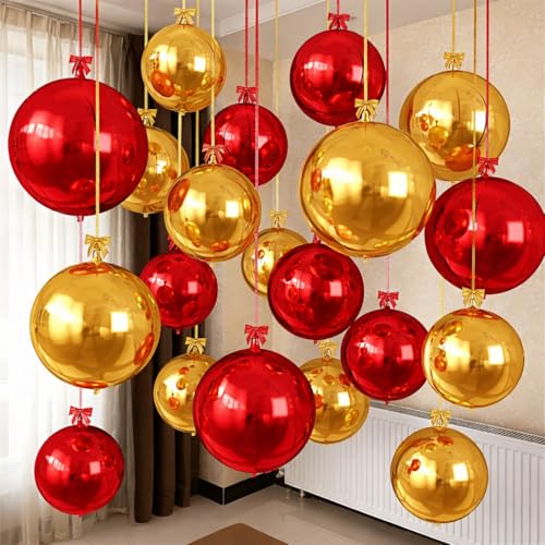 Togvu Red Gold Round Foil Balloons 16PCS Different Sizes 4D Metallic Balloon Large Sphere Mirror Ball Balloons for Prom Graduation Christmas New Year Birthday Party Ceiling Decorations Supplies