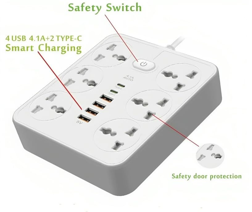 Image of Extension Board, Power Strip with 6 USB Ports and 3 Universal Socket, 2500W 10A Extension Cord, 3-Pin Surge Protector Power Strip for Home, Office, Computer, Mobile Charging (White-Z67)