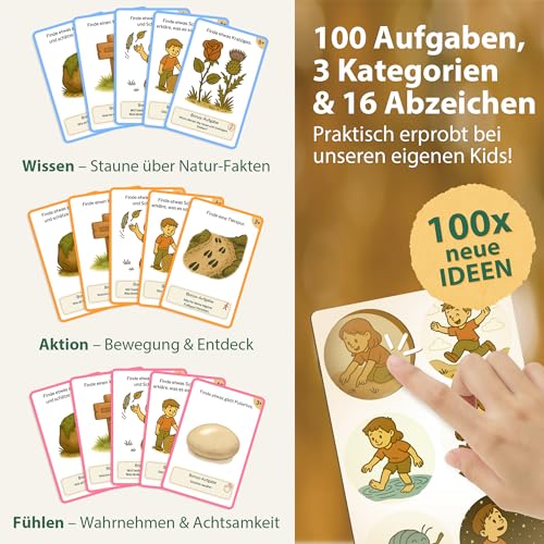 Heldenzimmer Entdeckerkarten Kinder – Suchspiel mit 100 Aufgaben | 50 Doppelseitige Karten, 2 Altersstufen, 16 Abzeichen | Indoor, Outdoor & Stadt (Natur-Entdecker)