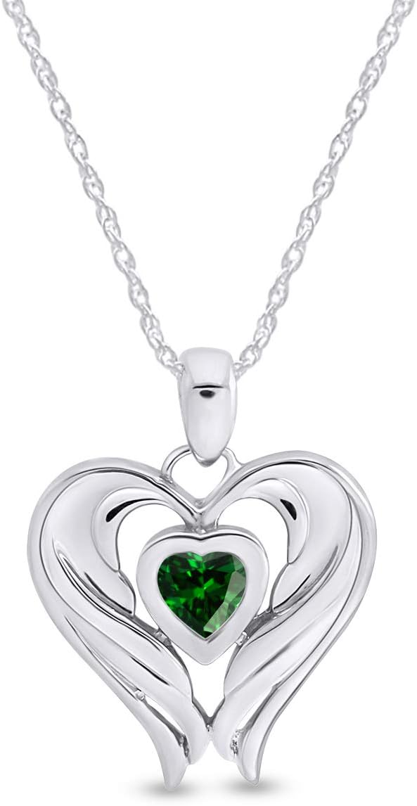 AFFY Simulated Birthstones Angel Wing Heart Pendant Necklace in 14k White Gold Over Sterling Silver