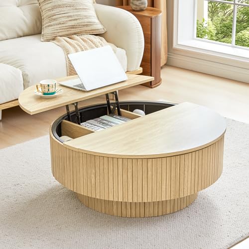 Image of 33 inch Round Coffee Table with Lift-Top & Flip-Top Storage, Modern Accent Fluted Coffee Tables with Metal Frame, Wooden Circle Center Table for Living Room Small Space Apartment Office (Natural)