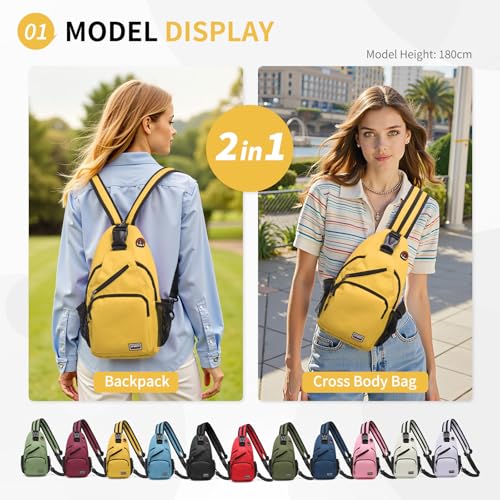 Image of Convertible Sling Bags for Women Men, Lightweight Crossbody Backpack Daypack Fit for 11 inch Tablet for Casual Travel Sport Hiking (Yellow)