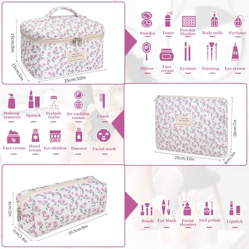 Set Di Trousse Per Il Trucco, Borsa Per Il Trucco Trapuntata, Grande Borsa Per Cosmetici Floreale Da Donna, Graziosa Borsa Per Il Trucco In Cotone, Borsa Organizer Da Viaggio Con Fiori (Fiore Viola), - 2