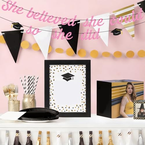 Image of Hoogict She Believed She Could So She Did Pink Graduation Banner Decorations She Did lt Banner for Girls Women Class of 2026 Congrats Grad Sign College Graduation Party Decorations