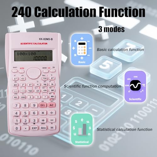 KK-82MS-D Tragbarer wissenschaftlicher Taschenrechner mit 240 Funktionen, zweizeiliges Display für Schulbedarf, Studenten, Lehrer, Geschäft, Büro, Zuhause (Rosa)