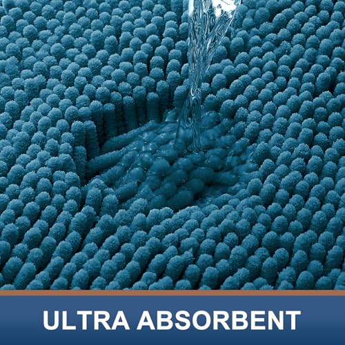 Smiry Luxury Chenille Bathroom Rugs 24x16, Extra Soft and Absorbent Shaggy Bath Mat, Machine Washable, Non-Slip Plush Carpet Runner for Tub, Shower, and Floor, Home Decor Accessories, Peacock Blue