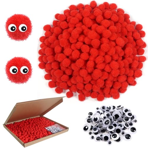 TOAOB 500pcs Pom Poms 1cm Craft Pom Poms Red Fuzzy Pompoms Balls Arts and Crafts Supplies with Googly Wiggle Eyes for DIY Crafts Projects Home Decorations