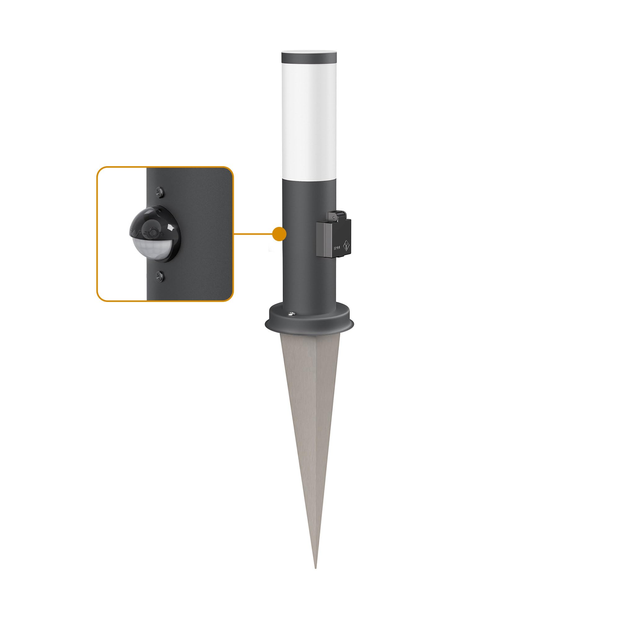 ledscom.de Dissuasore luminoso PORU Sensor con picchetto a terra per esterni, 38 cm, antracite, presa, incl. lampada E27 471lm, bianco extra-caldo