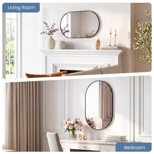 Image of Sweetcrispy 20 inch x 30 inch Black Bathroom Mirror for Wall, Oval Wall Mirror with Metal Frame, Tempered Glass, Modern Vanity Mirror for Over Sink, Living Room, Bedroom, Entryway, Horizontal or Vertical