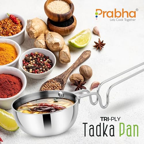 Image of Prabha Tadka Pan Stainless Steel 12.5cm Tadka Pan 550ml | Small Tri-ply Tadka Pans Gas & Induction Base | Kitchen TadkaPan with Handle | Chowka Pan Cooking, Frying Dal /Spices-Silver